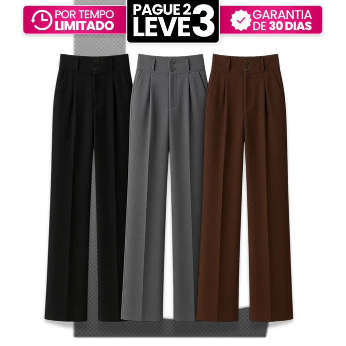 [Leve 3, Pague Só 2] Calça Feminina Lavínia Cintura Alta com Botões Duplos em Poliéster, Poliuretano e Spandex